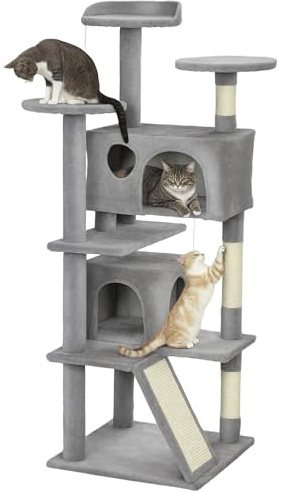 PawHut Cat Tree 138cm with Sisal Scratching Posts for Kittens Light Grey