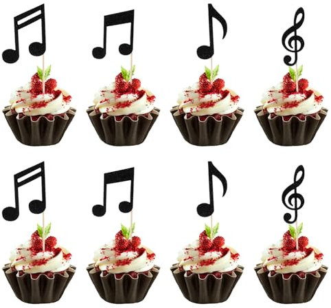 Ouligay 36 Stück Glitzer Tortendeko Musiknoten Cupcake Deko Schwarz Ausschnitte Kuchen Deko Musik Cupcake Topper Vielseitige Kuchendeko für Hochzeit Geburtstag Baby Shower Musikthemen Partys