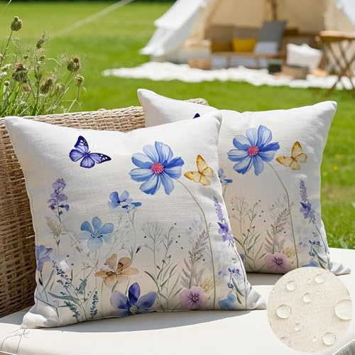 JANGYUHH 2er Set Outdoor Kissen 40x40 cm Kissenbezug Wetterfest Modern Farbe Blumen Dekokissen Sommer Blau Kissenbezüge für Garten Sofa Couch Wohnzimmer Schlafzimmer Doppelseitiges Muster Kissenhülle