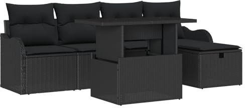 vidaXL Garten-Sofa-Set mit Kissen 6 pcs Schwarz Poly Rattan, Garten und Terrasse, modernes modulares Outdoor-Set, verstellbare Füße, Elegantes Lounge-Möbel für Komfort