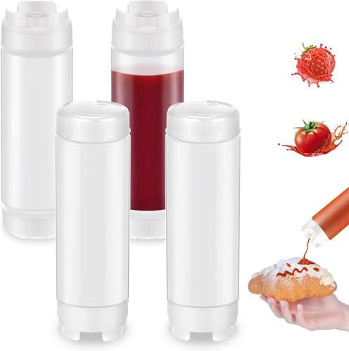 Squeeze Bottle 4 Pack Plastic Squeezy Sauce Bottles with Cap Reusable Condiment Bottle Upside Down Sauce Dispensers for Restaurant Food Cart Catering Kitchen Ketchup BBQ Salad Oil