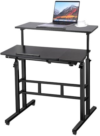 Belfoyer Höhenverstellbarer Schreibtisch,Computertisch,Bürotisch,Gaming Tisch,180 Drehbaren Tischplatte,klappschreibtisch mit Rollen,PC Tisch für Büro, Heimbüro (80x60x67-115cm Schwarz)