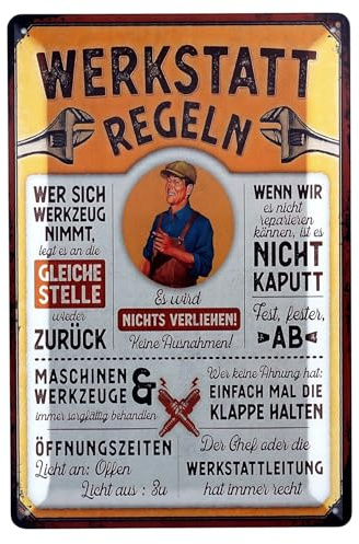 EANAGO Deko Blech-Schild Geschenkidee für Mann und Frau, Werkstatt-Regeln | Aus Metall, 30x20 cm, mit abgerundeten Kanten. Mit vorgebohrten Löchern. Geschenkidee für Mann & Frau.