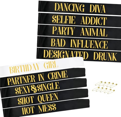 STAY GENT 10Pcs Birthday Sashes for Girls and Women, 1Pcs White Birthday Girl Sash + 9Pcs Black Party Sashes for Birthday Gifts Party Favors Decor Supplies