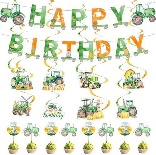 Traktor Geburtstag Deko,1 Tractor Happy Birthday Banner | + 8 Hängend Wirbel Girlande+ 12 Traktor Cupcake Toppers,Dekoration für Bauernhof Party Geburtstag Farm Green Themenpartys