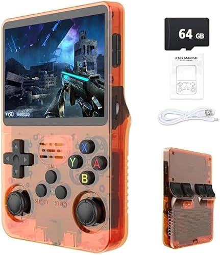 Gziztx Console di gioco portatile retrò R36S: oltre 21.000 giochi classici, schermo IPS da 3,5, memoria da 64 GB/128 GB, dispositivo di gioco portatile Linux (64G-Arancione)