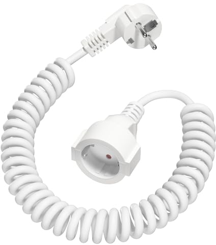 Cavo di Prolunga a Spirale, Cavo di Prolunga Schuko Estensibile da 0,7M a 2 M, 230 V/16 A Cavo a Spirale con Contatto di Protezione per Casa, Ufficio, Esterno, Bianco