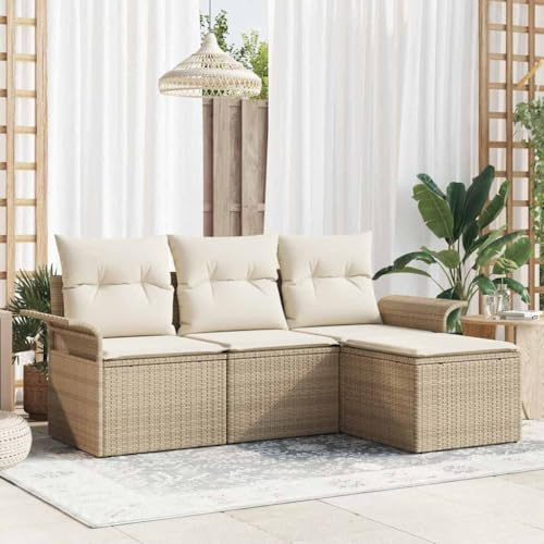 Mandloder Garten Loungemöbel Set, 4-teiliges Sofa-Set Beige aus Poly-Rattan mit Kissen, Akazienholz-Akzenten, Pulverbeschichtetem Stahlrahmen, UV-beständig, für Terrasse, Balkon, Außenbereich