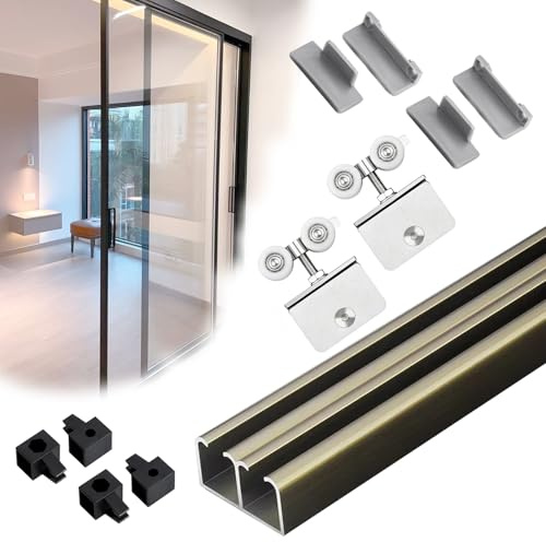 Vibeo Rail Porte Coulissante Rail Porte Coulissante Double en Verre sans Cadre, Quincaillerie pour Porte Coulissante avec Butées, Kit de Rail pour Porte de Placard Intérieure(Champagne,47in/120cm)