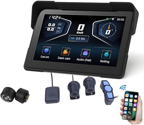 EpyGnom Carplay para Moto, Cámara de Salpicadero Delantera y Trasera para Motocicleta, Navegación GPS, Compatible con Carplay y Android Auto, Pantalla Táctil HD, Bluetooth Dual