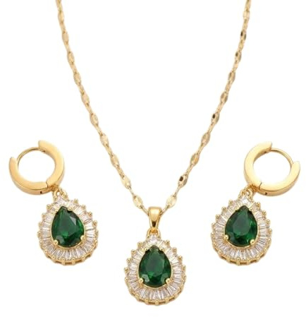 Sanixa Karma NH11127866 Schmuckset Damen Edelstahl Zirkone Gold Grün Ohrringe Halskette verstellbar Geschenk für Sie wasserfest hypoallergen rostfrei Damenhalskette Ohrschmuck