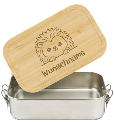 LIEBTASTISCH® Personalisierte Brotdose mit Wunschname - Igel niedlich peeking - Edelstahl Kinder Gravur Bambusdeckel Geschenk - Mädchen Jungen Kindergarten Schule - Vesperdose - Lunchbox