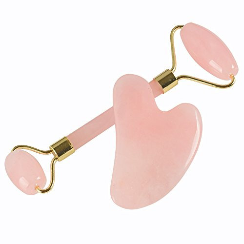 100% natürliche Rosenquarz Jade Roller & Gua Sha Set, Jade Gesichtswalze Doppel-Hals-Heilung Abnehmen Massager Anti-Aging, Entpuffen, Entgiftung