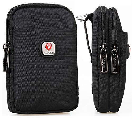 VIIGER Nylon Dual Mobile Phone Holster Versatile Belt Case Holder Mens Belt Pouch w/Clip Smartphone Belt Loop Pouch Bag 2 Zipper Pockets Compatible with iPhone 15 Pro Max 14 Pro Max, black