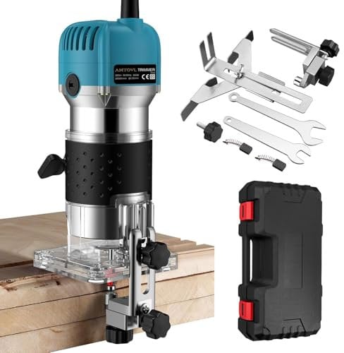 AMTOVL Fresatrice per Legno Rifilatore 28000 RPM Affilatrice a Lenga 800 W Router Elettrico a Mano in Lega di Alluminio Taglialegna 6 Velocità Regolabili Blu Argento