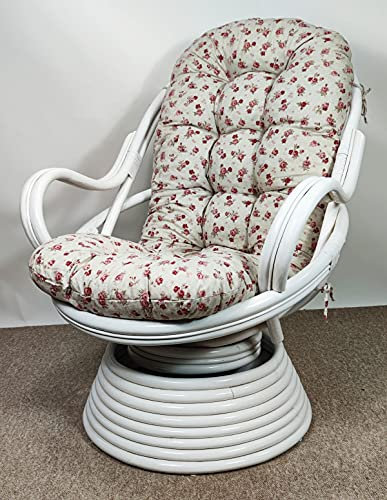 Rattan Drehsessel, Drehwippsessel Linda Weiß Lackiert inkl. hochwertigen Polster Mirha Leinen Rose