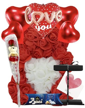 NLIGHTING® Rosenbär Rosenbär Geschenkidee Freundin Plüschbär mit künstlichen Rosen Valentinstagsgeschenk mit weißem Herz
