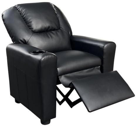 Lilola Home Marisa 23 W Black PU Leather Kids Recliner Chair – Youth-Sized Armchair with Cup Holder, Black Plastic Legs, and Water-Resistant Upholstery for Ages 1–5