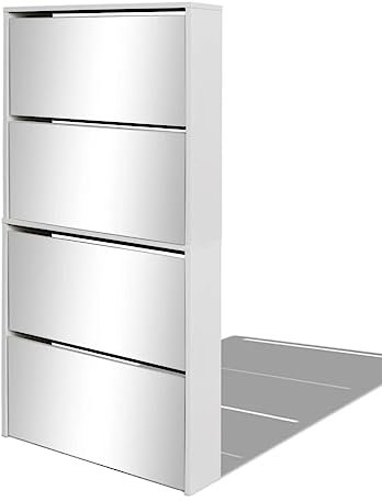 Hommdiy Schuhschrank mit 4 Fächern Spiegel Schuhregal Schuhkipper Schuhkommode Spiegel Multifunktionskabinett Spiegelkabinett Weiß 63×17×134 cm