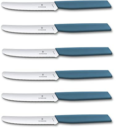 Victorinox 6 coltelli da tavola Swiss Modern con lama ondulata in acciaio inox – Swiss Made – Cornflower Blue/Blu