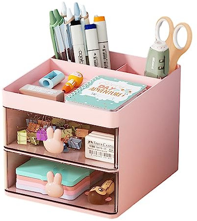 Schreibtischbedarf Organizer mit Schublade, Desktop Schreibwaren Aufbewahrungsbox Bleistifte Stifte Halter für Büro, Schule, Zuhause (Rosa)