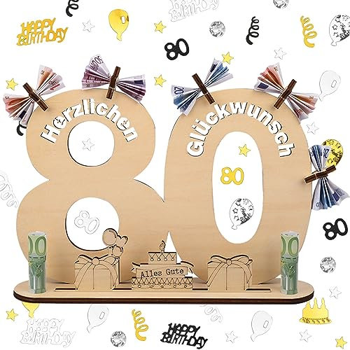 ERBO Holzschild Gästebuch, 80 Geburtstag Deko Konfetti Frau Mann, Gästebuch mit Ständer und 5 Holzpentagramme, Geldgeschenke Geburtstag, Geburtstagskarte, Geschenke Schild 80 Jahre Hochzeitstag