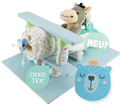 Windeltorte ® Flugzeug mit Kuscheltier - Plüschtier - Geschenk zur Geburt - Babyparty - Baby - Babyshower - Pullerparty… (Blau/Junge)