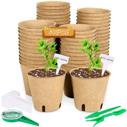 AQXONG 80 Pcs 8CM Pots de Pépinière Biodégradables avec 80 étiquettes de Plastique, Pots de Plantes en Pot Biodégradables avec Outils de Migration, Pot de Semis en Fibre pour Jardin, Potager, Serre