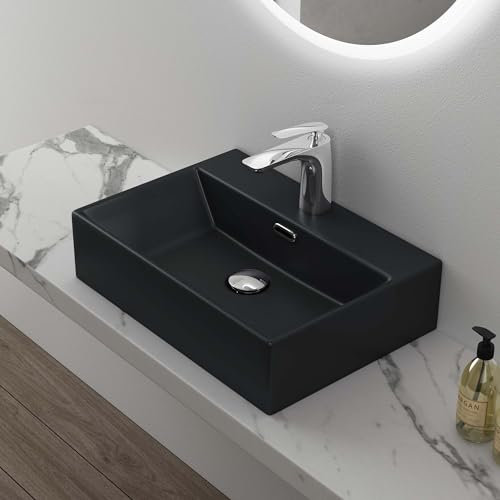 Mai & Mai Bathroom Sink Basin Countertop Wash Basin | Ceramic Rectangular Matt Black Wall-Mounted | Modern Design Bathroom Vessel Sink | WDH:50x36x13 cm | Nano-Coating Brüssel206