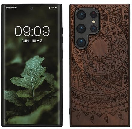 kwmobile Hülle kompatibel mit Samsung Galaxy S24 Ultra Hülle - Holz Case - Handy Cover - TPU Handyhülle in Dunkelbraun Indische Sonne