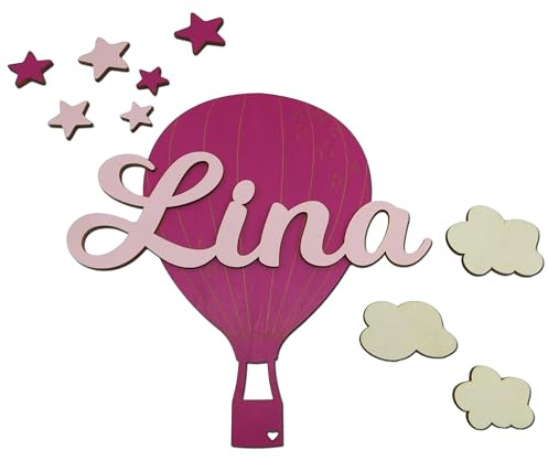 Personalisierter Name aus 4mm Sperrholz mit Heißluftballon – Wanddeko Kinderzimmer Mädchen | Türschild mit Namen | Geschenk zur Geburt Taufe oder Geburtstag | Holzdeko inkl. Wolken & Sterne