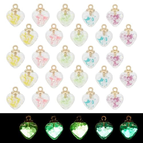 GOMAKERER 60 Stück 5 Farben Leuchtende Herz-Flaschenanhänger, Im Dunkeln Leuchtende Perlen Herz-Anhänger Glaskugel-Charms Für Halsketten, Armbänder, Ohrringe, Schmuckherstellung