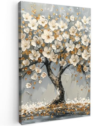 MuchoWow© Impressions sur Toile 40x60 cm Deco Tableau Murale Decoration Salon Peinture Tableaux Chambre Toiles Maison Arbre - Fleurs - Blanc - Nature - Art