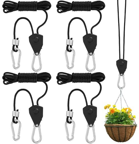 4 Packs Rope Ratchets, 1/8 inch Rope Pulley Ratchet Hangers, Heavy Duty Adjustable Grow Light Ratchet Ropes Hangers with Carabiner Hook, 6.5-ft Long & 150 lbs Capacity