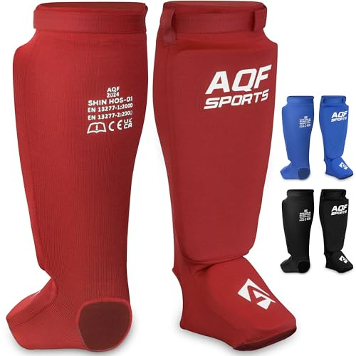 AQF Schienbeinschoner Kickboxen, Schienbeinschutz für MMA & Muay Thai | EVA-gepolsterter Spannschutz mit Fußschutz, Stoßdämpfung und sicherem Halt für Karate & intensives Training