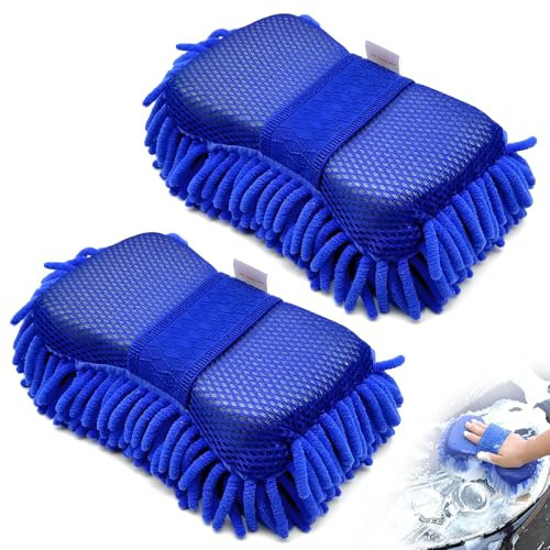 HIAHXC Lot de 2 gants de lavage doux pour voiture - Éponges pour le lavage extérieur de voiture - Gant de lavage pratique pour le lavage de voiture (bleu)