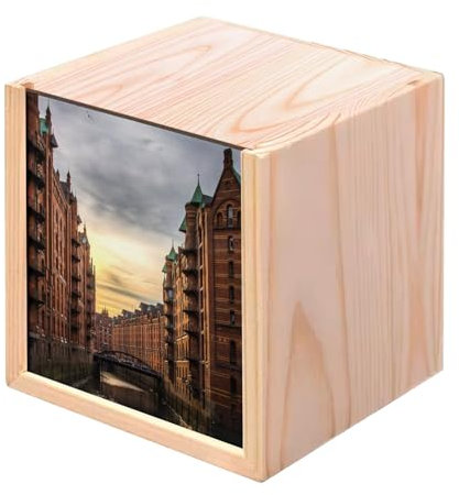 Fabulous Holzkiste – Hamburger Kanal in der untergehenden Sonne Deutschland (10 x 10 x 10 cm)