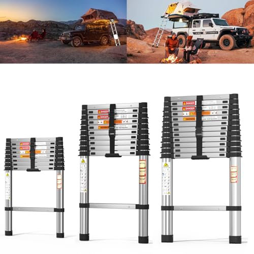 Teleskopleiter 2.6M(8.5 FT),Leichte Verlängerungsleiter,Stahlleiter mit maximaler Belastung 150kg (330LBS),Ausziehbare Leiter mit rutschfesten Gummifüßen für Outdoor,Indoor,Hochbau
