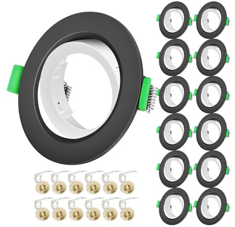 Projecteurs Spot Encastrable GU10 Set Cadre Avec Douille Céramique GU10,Rond Noir Anneau Extérieur et Blanc Anneau Intérieur,Cadre de Montage Spot LED,Orientable A 30°,Pour Spots de Plafond,Lot de 12