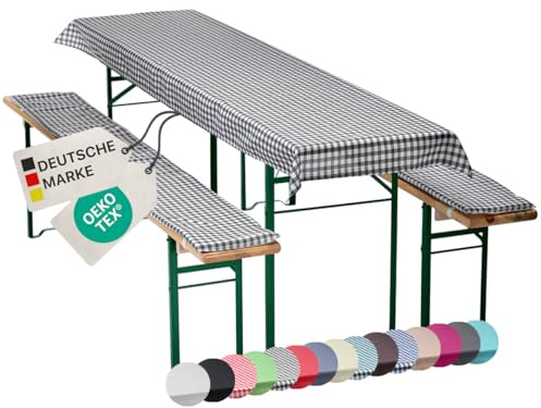 NYVI Bierbankauflagen Set NYVIGala 130x70 cm Grau Kariert - 1x Tischdecke für 110x50 cm Biertische & 2X Gepolsterte Auflage für 110x25 cm Bierbänke - Sitzauflage für Bierzeltgarnitur