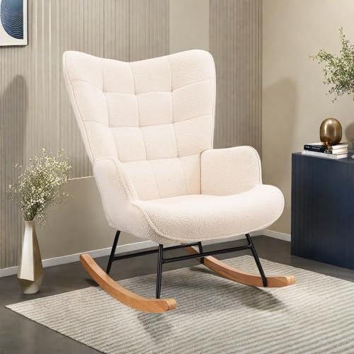 DAHUEN Schaukelstuhl für Erwachsene, Schaukelstuhl, Stillsessel, Stoff aus Plüsch, Schaukelstuhl, Wohnzimmer-Sessel mit Armlehnen, für Schlafzimmer, Wohnzimmer, Beige (Beige)