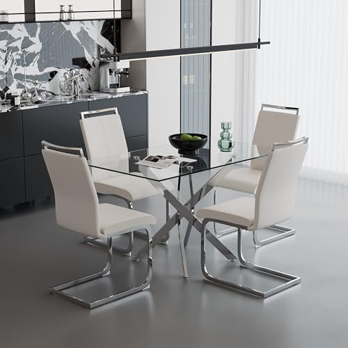 GOLDFAN Table à Manger avec 4 Chaises en PU Blanc, Table en Verre et Métal Moderne, 110x70x75 cm,Style Contemporain (Blanche)