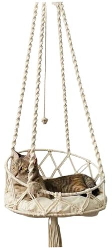 Cndiyald Cat Hanging Hammock, Cat Swing 16 Inch, Hanging Bed with Cotton Mat, Boho Macrame Hammock for Sleeping