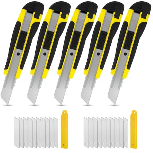 5pcs Cutters Professionnel Avec 20 Lames Cutter 18mm, Couteau Utilitaire Rétractable, Cutter de Précision En Métal with Poignée En Caoutchouc, Pour le bricolage et le workpro