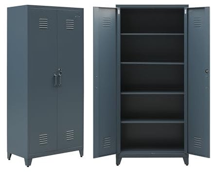 Brigros - Armadio In Metallo 2 Ante Con Serratura E 5 Ripiani Interni 85x45x190 Cm, Armadio Ufficio In Metallo Zincato Verniciato Per Garage, Ufficio, Archivio (Ceruleo)