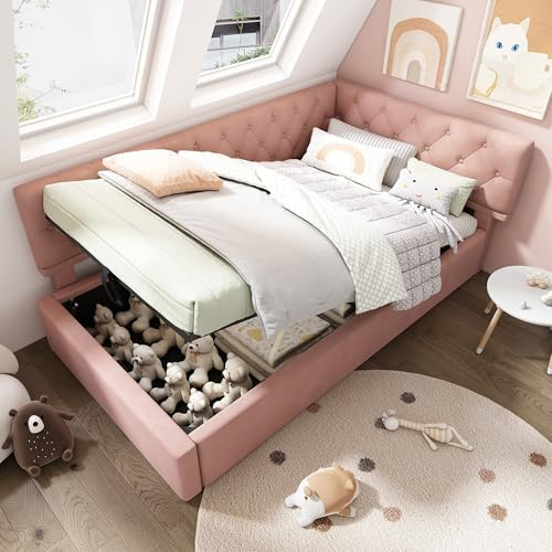 Polsterbett Schlafsofa 90x200 cm, Hydraulisch Stauraumbett Tagesbett mit Bettkasten und Lattenrost aus Holz, Einzelbett Daybett Gästebett Sofabett Jugendbett Bettgestell, Samt, Ohne Matratze, Rosa