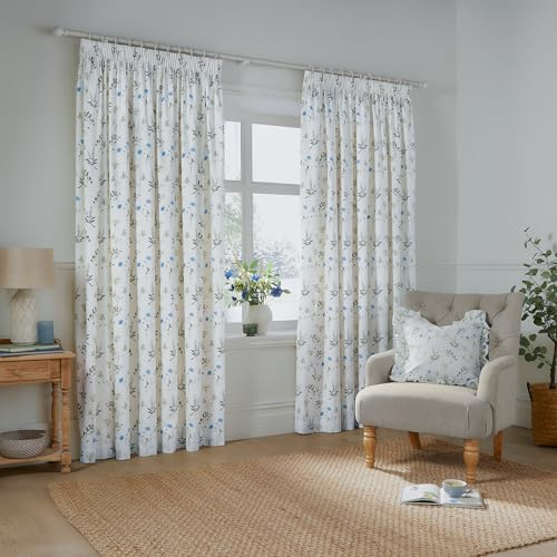 furn. Wylder Meadow Pencil Pleat Curtain Pair – 100% Cotton Country Floral Lined Drapes (White/Cornflower - 117x137cm)