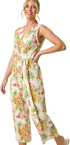 Roman Petite Leaf Border Print Jumpsuit for Women UK - Ladies Everyday Holiday Spring Summer V-Neckline Comfy Soft Evening Vacation Work Party