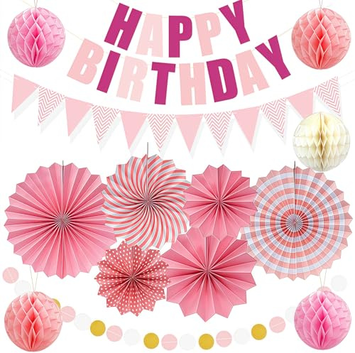 14 Stück Rosa Wiederverwendbare Geburtstagsdeko, Pastell Happy Birthday Party Deko, Kindergeburtstag Deko, Happy Birthday Girlande, Papierfächer, Wimpelkette, Wabenbälle für Mädchen Junge Deko