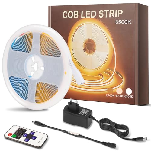 PSTAR COB LED Streifen 5M, LED Strip Kaltweiß 6500K, 24V Dimmbar Flexibles COB LED Streifen Licht Set, 320LEDs/M mit Netzteil und Fernbedienung, 8mm Breite, für Home Dekoration Treppe Küche